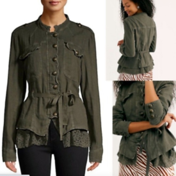 Free People Emilia Olive Green Military Jacket Size XS distressed ruffle‎ lace - Picture 1 of 13